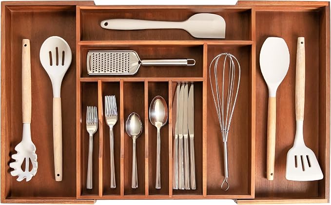 Silverware & Utensil Drawer Organizer, 16-28 in, Acacia | Cutlery, flatware, food-safe contract grade, kitchen drawer fit by KitchenEdge