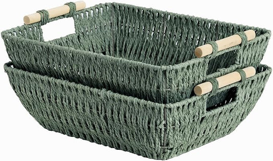 Storageworks Large Wicker Basket, Woven Basket For Shelves, Bosana Green by StorageWorks