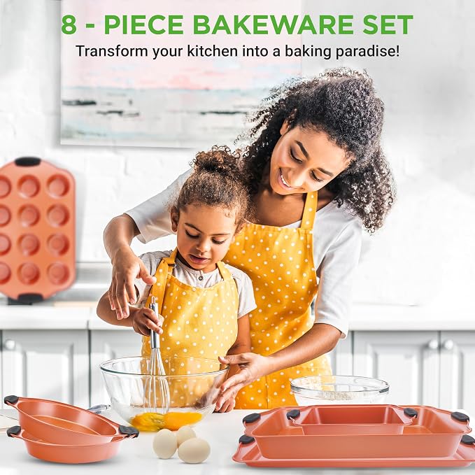 NutriChef 8 Piece Baking Pans Set - Nonstick Carbon Steel Bakeware Set w/ Silicone Heat-Safe Handles - Includes Loaf Pan, Muffin Pan, Cookie Sheets, Pizza Crisper, Roasting Pans - Rose Gold - Image 2