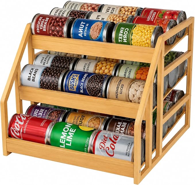 MinBoo 3-Tier Bamboo Can Organizer for Pantry - Holds 36 Cans (9/12/15) - Stackable Canned Food Dispenser with Adjustable Dividers - Gravity-Fed Rolling Storage Rack for Kitchen Cabinets by MinBoo