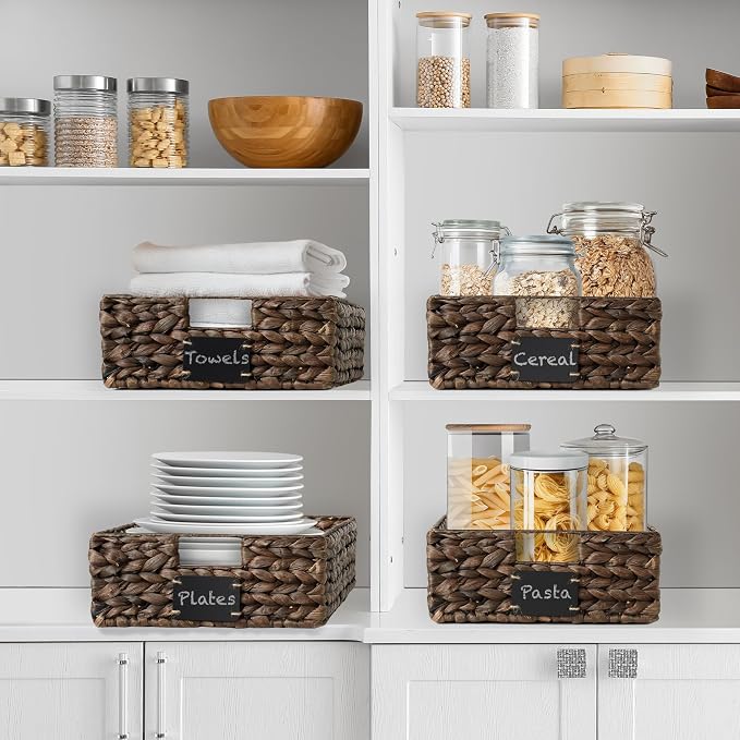 Casafield Set of 4 Water Hyacinth Pantry Baskets, 12-1/2" x 17" x 5", with Chalkboard Labels and Chalk Marker - Espresso, Woven Storage Bin Organizers for Kitchen Shelves - Image 2