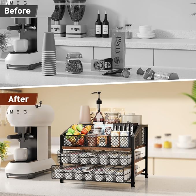 Coffee Bar Organizer - Coffee Station for Countertop, Metal and Wood K Cup holder Storage Basket for Coffee Pods, Syrup, Cups, Stirrer, Coffee Condiment, Tea Organizer, Black and Brown - Image 7