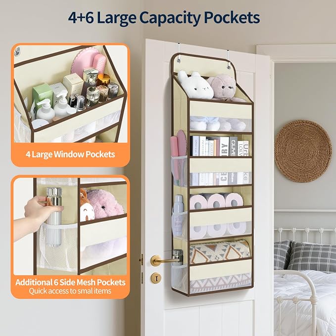 Yecaye Over The Door Organizer, Heavy Duty Hanging Organizers and Storage with 4 Large Capacity Pockets, Swing-Proof Behind The Door Storage for Bathroom Nursery Bedroom Dorm Closet, Beige,1Pc - Image 2