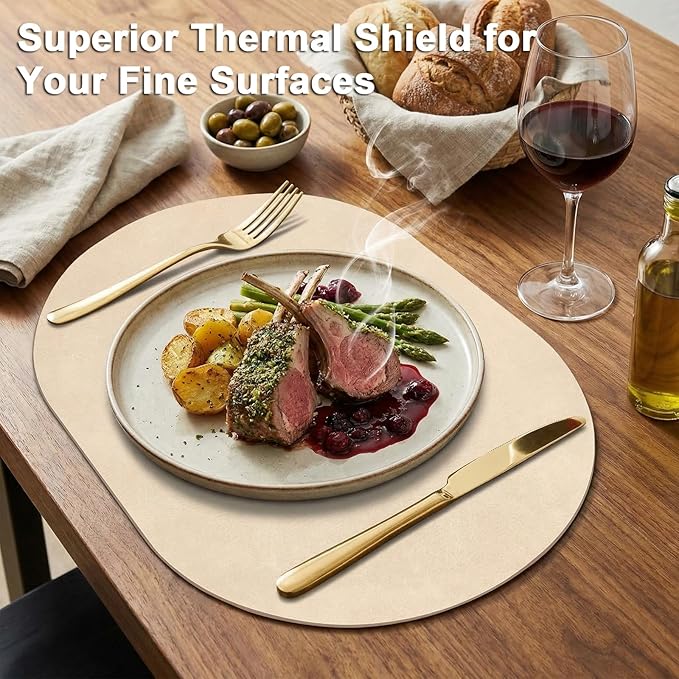 Oval Placemats 2mm Ultra Thick Faux Leather Table Mats, Heat Resistant Waterproof Wipeable Dining Mats for Kitchen Table, Set of 12, Beige - Image 2