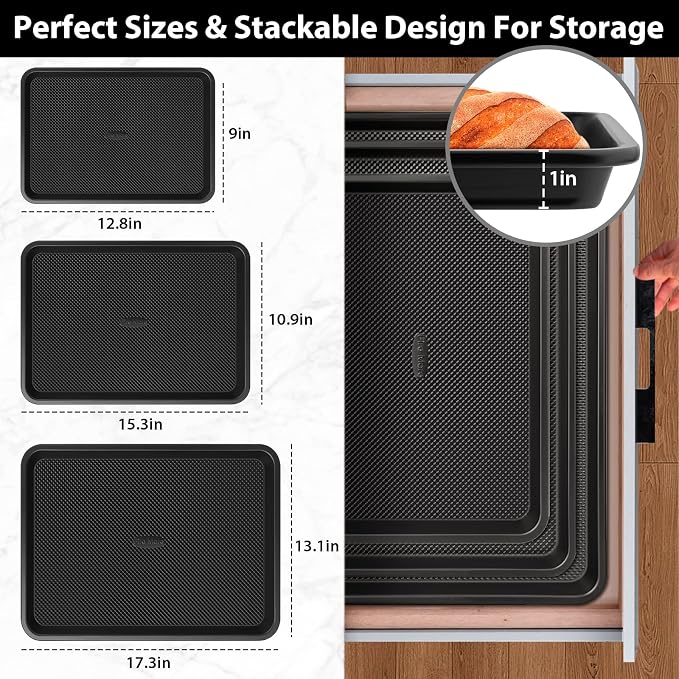 Nonstick Baking Sheet Set with Cooling Rack, 4-Piece Cookie Sheets for Baking, 0.8mm Heavy Duty Carbon Steel Oven Pans, Ceramic Coated Half Sheet, Jelly Roll Pan & Quarter Sheet, PFOA/PTFE Free - Image 4