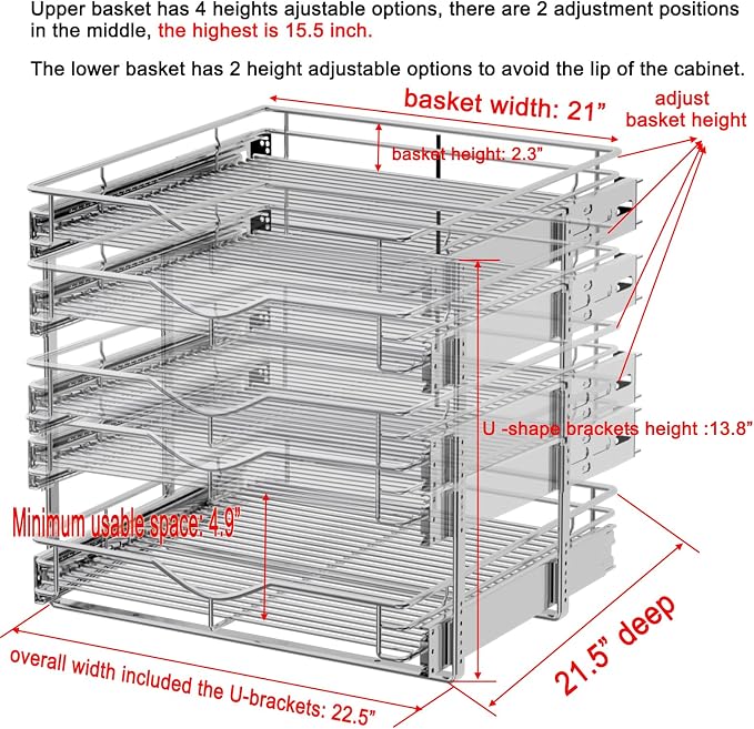 DINDON Pull Out Cabinet Organizer (22-1/2" W x 21-1/2"D), Cabinet Pull Out Shelves, 2 Tier Pull Out Drawers for Kitchen Cabinets, Wire Basket Slide Out Shelf, Pot and Pan Organizer - Image 2