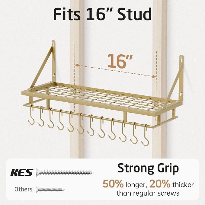 KES 30-Inch Gold Pot Rack, Wall Mounted Hanging Pot and Pan Organizer | 12 Sturdy Hooks, Elegant Modern Kitchen Wall Hanger Shelves, KUR215S75A-GD - Image 5