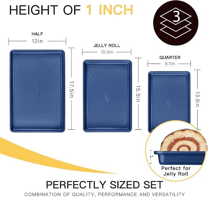 Baking Sheet Pan Set, Cookie Sheets for Oven, Nonstick Half/Quarter/Jelly Roll Pans with Diamond Texture Pattern, Heavy Duty Cookie Tray, Dark Blue - Image 5
