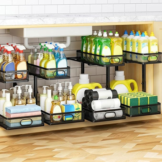 Under Sink Organizer 4-Pack, Metal 2-Tier Pull-Out Cabinet Shelf with Slide-Out Mesh Drawers, Height Adjustable, Space-Saving Storage Racks for Kitchen, Bathroom, Laundry Room by AURIKAR