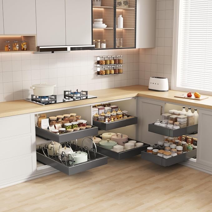 Seinloes 2 Pack Pull out Cabinet Organizer 21" Deep With Raising Pad for Framed Cabinets, Expandable (9"-14" W) Slide out Drawers for Kitchen Cabinets with 4pcs Divider Racks, Roll out Shelves, Black - Image 6