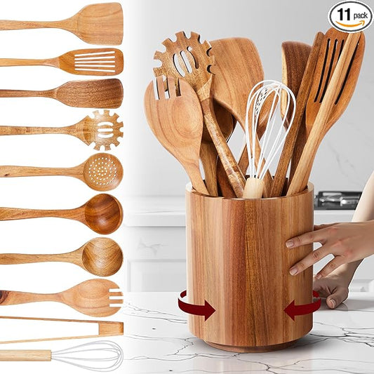 SiliFine 11 Pcs Wooden Kitchen Utensils Set with 360° Straight Rotating Holder Acacia Wood Cooking Utensils with Cooking Spoons Spatulas Nonstick Cookware Countertop Kitchen Decorations(Natural) by SiliFine