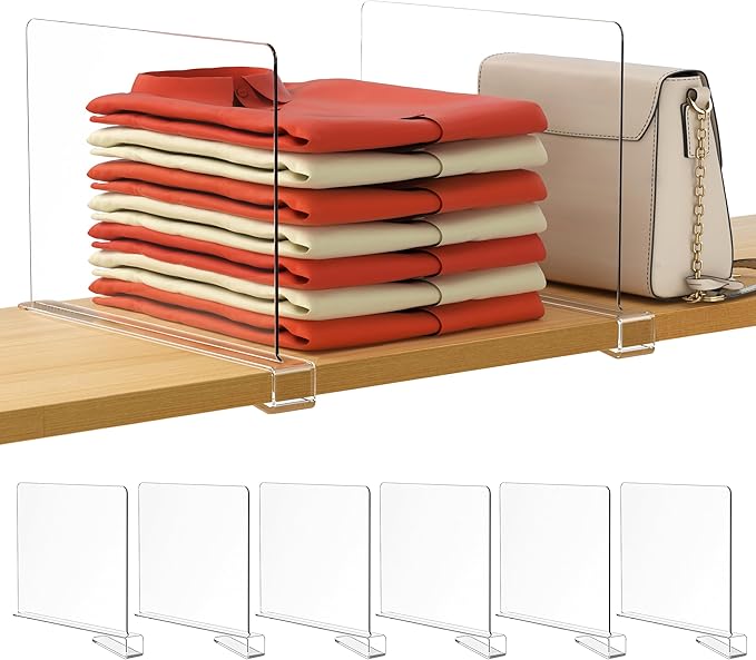HBlife 6 Pack Closet Organizers and Storage, Clear Shelf Dividers, Vertical Purse Organizer for Closet Perfect for Sweater, Shirts, Handbags in Bedroom and Kitchen, Acrylic Bookshelf for Organization by HBlife