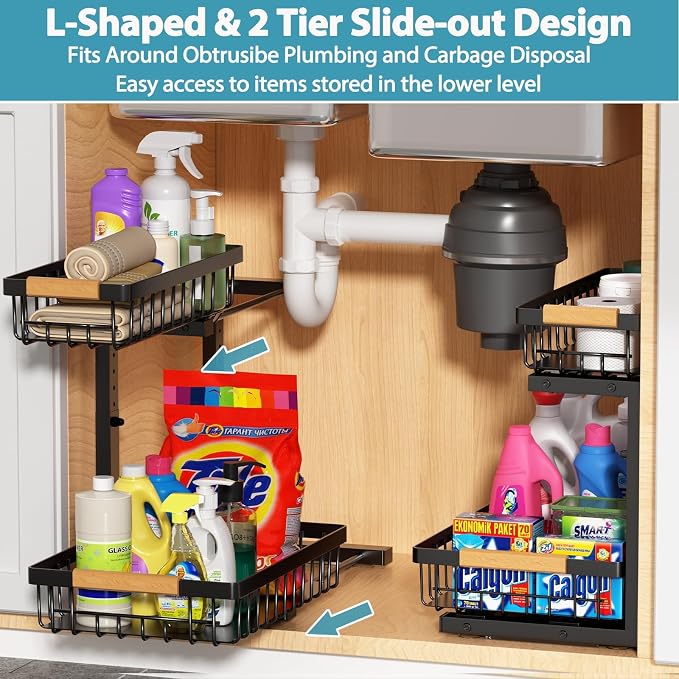 Liuoud Under Sink Organizer 2 Pack, 2 Tier Slide Out Large Capacity Height Adjustable Under Sink Organizers and Storage for Kitchen Bathroom Cabinet, Black - Image 8