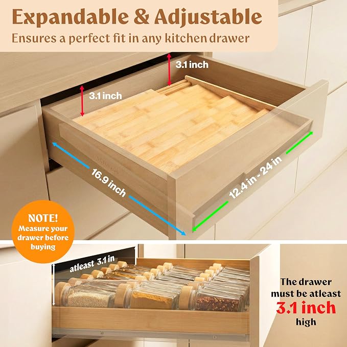 Bamboo Spice Drawer Organizer - Expandable 4 Tier Spice Rack (Need 3" Deep Drawer) 12" to 24" Wide, Seasoning Organizer, Organization Seasoning Rack insert (Jars Not Included) - Image 2