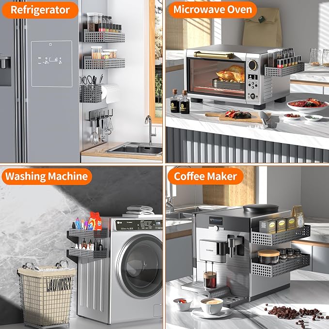 Magnetic Spice Rack for Refrigerator Set of 5 for Kitchen | Strong Magnetic Refrigerator Organizer 2 Tiers and Paper Towel Holder and Utensil Holder, Side Fridge Shelf for Storage - Image 6