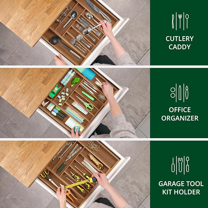 ROYAL CRAFT WOOD Luxury Bamboo Kitchen Drawer Organizer - Silverware Organizer - Utensil Holder and Cutlery Tray with Grooved Drawer Dividers for Flatware and Kitchen Utensils (9 Slot, Brown Bamboo) - Image 8