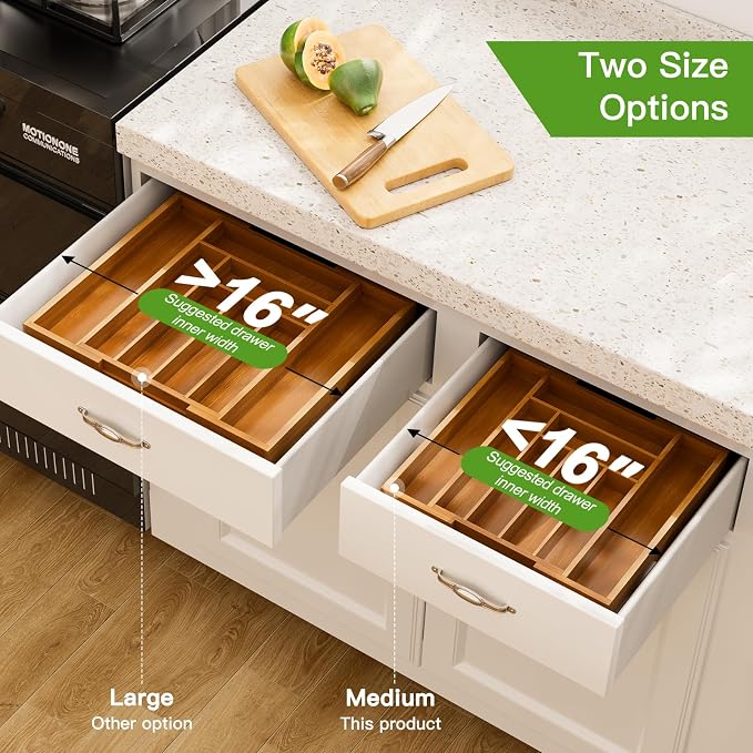 Pipishell Bamboo Expandable Drawer Organizer for Utensils Holder, Adjustable Silverware Organizer Cutlery Tray, Drawer Dividers for Utensils, Flatware, Knives in Kitchen, Bedroom, Living Room(M-Brown) - Image 4