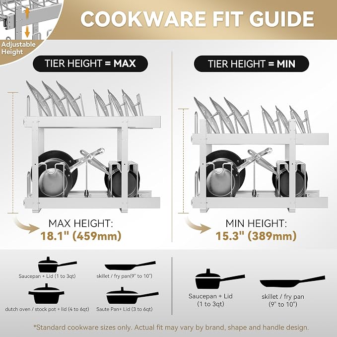 2-Tier Pots and Pans Organizer Under Cabinet Kitchen 15" W *22" D | Pull out Cabinet Organizer for Pots, Pans, and Lid Cookware, Adjustable Heavy Duty Wire Pan and Pot Rack, Full-Extension Rail - Image 6