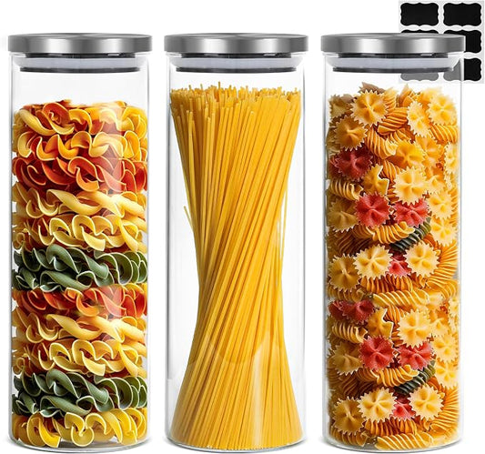ComSaf Glass Food Storage Containers with Stainless Lids Set of 3, 70 OZ Clear Glass Jar with Airtight Lid, Tall Spaghetti Container, Glass Storage Jars for Pasta Rice Oats, Canister Set for Kitchen by ComSaf