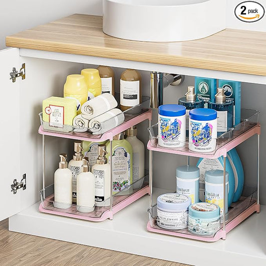 Delamu 2-Tier Multi-Purpose Bathroom Under Sink Organizers and Storage, Stackable Kitchen Pantry Organization, Pull Out Medicine Cabinet Organizer with Movable Dividers, Pink, 2 Pack by DELAMU