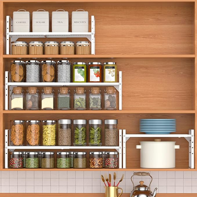 Redrubbit Expandable Cabinet Storage Shelf, Adjustable Height Steel Metal Kitchen Counter Organizers Shelves Spice Rack for Kitchen Pantry Bathroom Cupboard Desk Home Office, White-2 Pack - Image 2