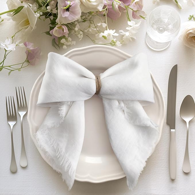 Linen World Fringe Linen Dinner Napkins 18x18 Inch,Soft and Breathable 100% French Flax Cloth Napkins,Stone Washed Set of 4(White Fringe) - Image 3