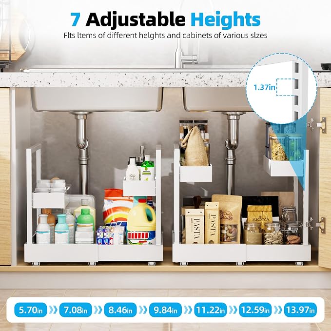 NEWMATIC Adjustable Under Sink Organizer Pull Out Drawers, 2-Tier Slide Out Cabinet Storage Shelf for Kitchen Sink, Height & Width Extendable White, 15''D x 13''-20.5''W x 15''H(1Pack) - Image 3
