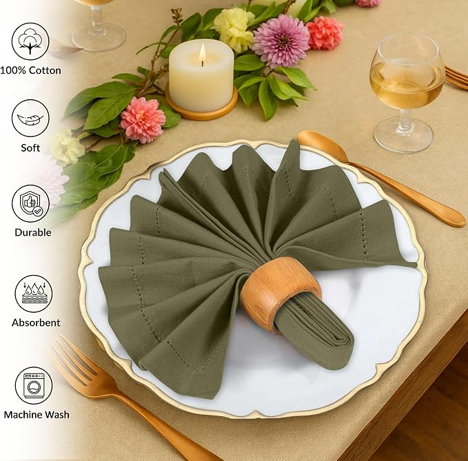 Ruvanti Cloth Napkins Set of 12, 100% Cotton High GSM 18x18 Inches, Hem Stitched Corners, Soft, Washable, Durable & Absorbent, Perfect for Parties, Christmas, Thanksgiving Dinners – Capulet Olive - Image 3