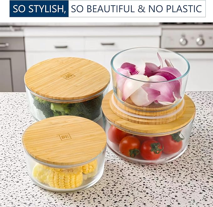 DE Glass Food Storage Containers with Bamboo Lids – 4 Pack Round (2x33oz + 2x60oz) – BPA-Free Borosilicate Glass Meal Prep Containers – Plastic-Free, Oven, Microwave, Freezer Safe - Image 6