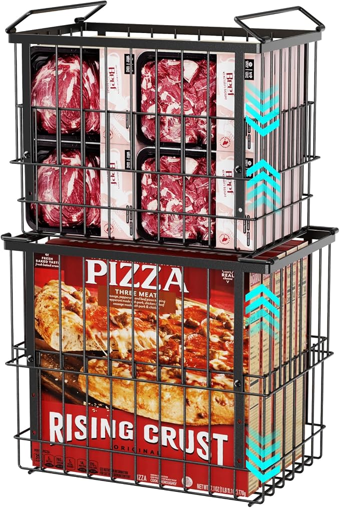 Deep Freezer Organizer Bins - Height-Adjustable Fit 12" Pizza, 2Pcs | Extra Large, Stackable For 5 to 7 Cu. Ft Chest Freezers, Easily Sort and Get Frozen Foods with Handles, No Digging, Black by iSPECLE