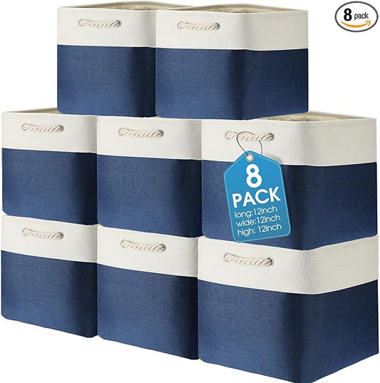meekoo 8 Pack Collapsible Storage Bins Fabric Storage Bins Polyester Fabric Baskets with Handles Linen Closet Organizer for Shelf Home Closet Towels Toys(12 x 12 x 12 in,Blue White) by meekoo