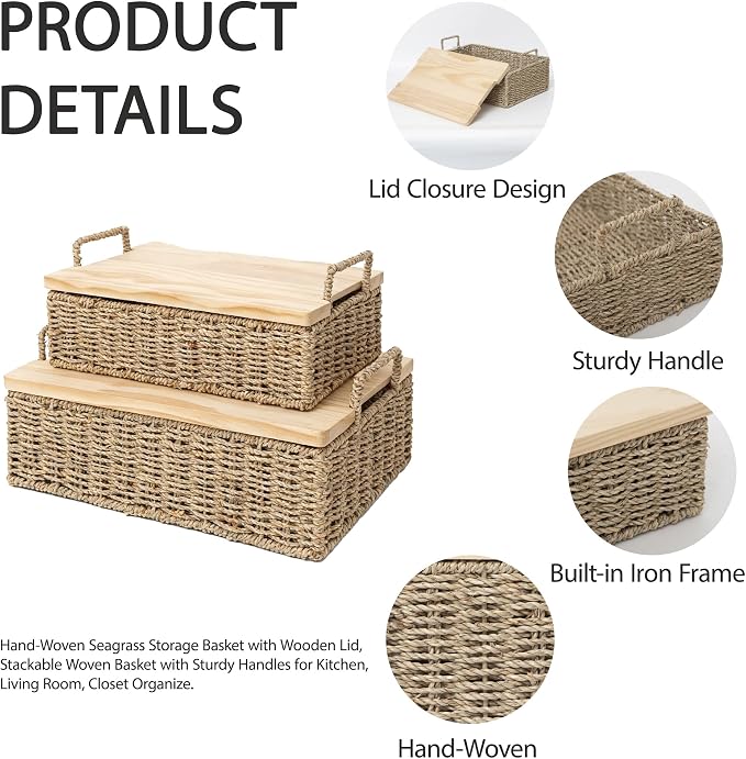 Woven Seagrass Wicker Storage Basket Set of 2 with Wooden Lids | Stackable Basket with Handles, Rectangular Decorative Basket for Shelves Home, Closet & Desktop Organization - Image 7
