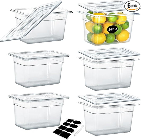 BIEAMA 6 Pack 1/4 Size 6" Deep NSF Polycarbonate Food Pans with Lids | Stackable clear containers for meal prep, buffet, salad bars, commercial & home kitchen; dishwasher safe and freezer safe by BIEAMA