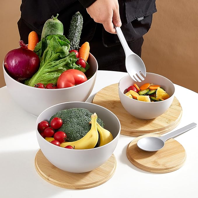ECOWAY Salad Bowls Set of 3 with Lid & Serving Utensils, Bamboo Fiber Mixing Bowls Set Large Serving Bowls & Storage Set with Bamboo Lid for Salad, Kitchen Eating, Pasta, Popcorn, Chips, Fruit, Grey - Image 6