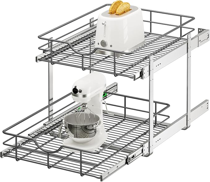 2 Tier Pull Out Cabinet Organizer - 17" W x 22" D Soft Close Slide Out Shelves with Shelf Liners - Pullout Drawers for Kitchen Cabinets, Pantry, Bathroom, Heavy Duty Steel Wire Baskets by Unknown