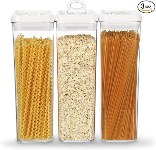 Felli Flip Tite TALL Storage Container with Lid 4" Air Tight Easy Open Ring Top, Clear Acrylic Skinny Canister Jar for Spaghetti Lasagna Fettuccine Noodle, Kitchen Cupboard Pantry Organizer (2.0 qt) by Felli
