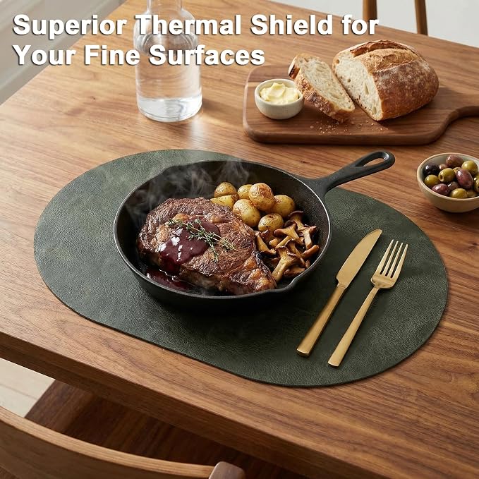 Oval Placemats 2mm Ultra Thick Faux Leather Table Mats, Heat Resistant Waterproof Wipeable Dining Mats for Kitchen Table, Set of 8, Olive Green - Image 2