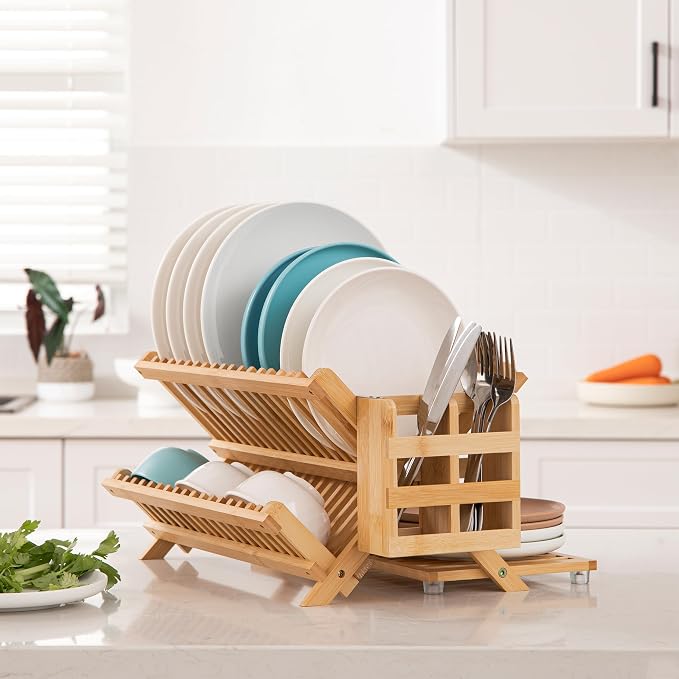 HBlife Bamboo Dish Drying Rack with Utensil Holder, 3-Tier Large Collapsible Wooden Dish Drainer Rack, Folding Drying Holder Dish Drainer for Kitchen Counter - Image 7