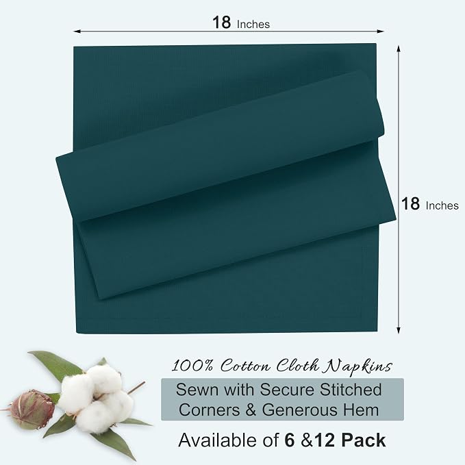Ruvanti Cloth Napkins Set of 12, 18x18 Inches, 100% Cotton, Washable, Soft & Absorbent, Perfect for Wedding, Christmas, ‎Thanksgiving Dinners - Deep Teal - Image 8