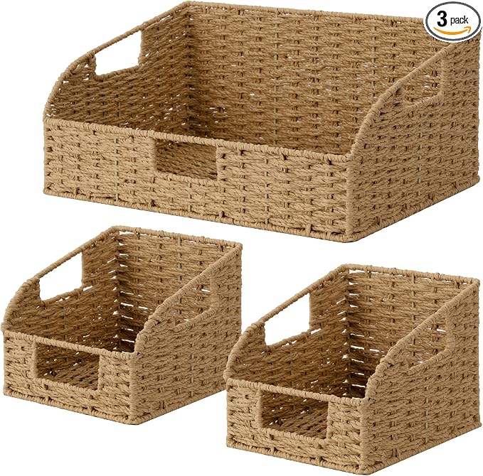 StorageWorks Paper Rope Shelf Baskets,Pantry Storage Baskets,Natural,3-Pack | Pantry Storage Baskets,Wicker Baskets with Handles,Handwoven Wicker Storage Baskets for Shelves,Pantry Organizers and Storage by StorageWorks