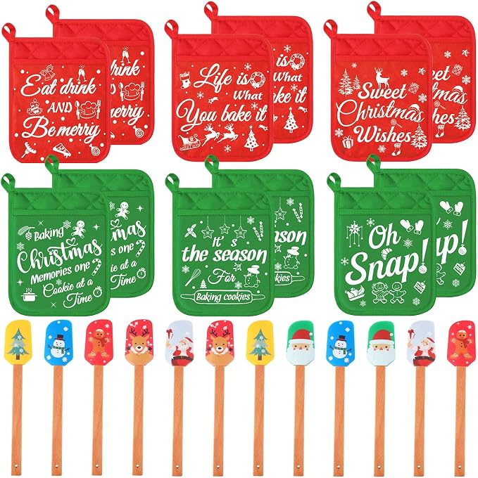 Yaomiao 24 Pcs Christmas Pot Holders with Silicone Spatula Set Wooden Handles Pot Holders for Christmas Kitchen Utensils xmas Baking Gifts for Neighbor Cooking Essentials(Cute) by Yaomiao