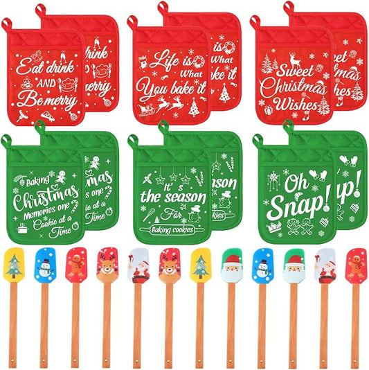 Yaomiao 24 Pcs Christmas Pot Holders with Silicone Spatula Set Wooden Handles Pot Holders for Christmas Kitchen Utensils xmas Baking Gifts for Neighbor Cooking Essentials(Cute) by Yaomiao
