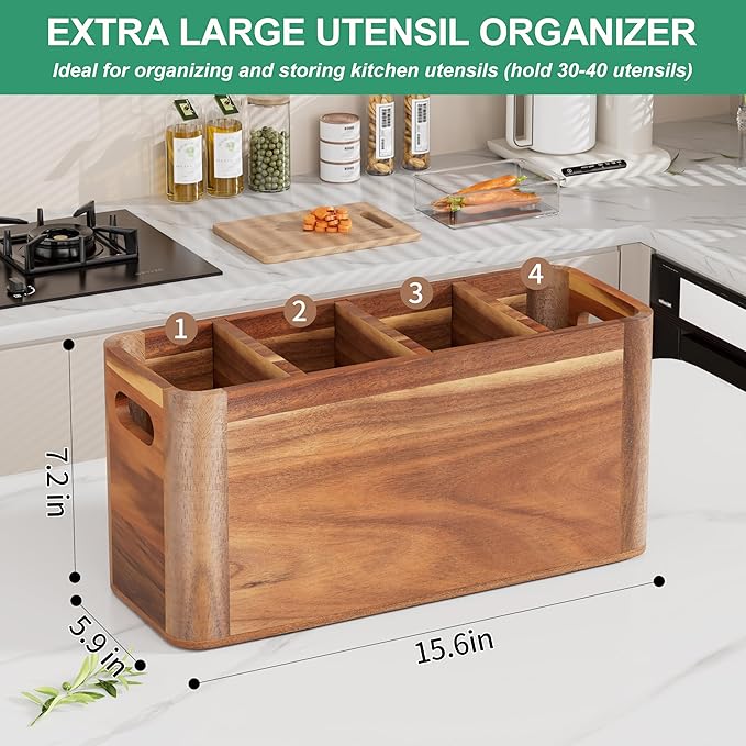 ZUJJAFY Utensil Holder, Acacia Wood Kitchen Utensil Holder for Counter with 4 Compartments, Extra Large Wooden Kitchen Utensils Organizer for Countertop Cooking Spatula Storage - Image 2