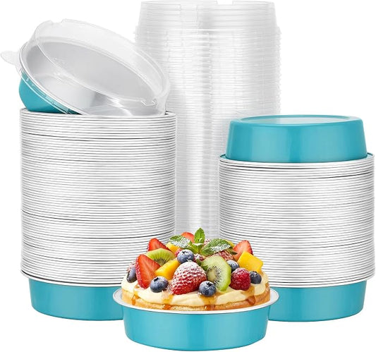 Beasea Disposable Mini Pie Tins with Lids, 120 Pack 7.3oz Blue Green Aluminum Foil Ramekins Small Pie Tart Tin Pans Cake Baking Cups Round Individual Tart Cheesecake Containers for Party Wedding by Beasea