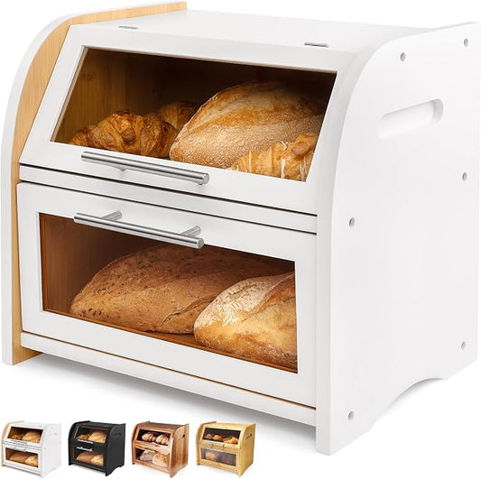 Arise Stylish Bamboo Bread Box for Kitchen Countertop, Extra Large 2-Shelf Wooden Bread Storage Container with Clear Windows and Air Vents Keep Bread, Bagels and Rolls Fresh, Self Assembly | Bread Storage Container with Clear Windows & Air Vents, Bread... by ApaceLiving