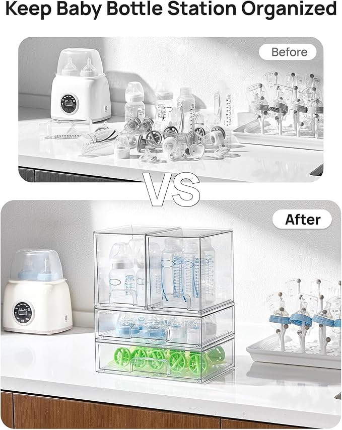Vtopmart 8 Pack Stackable Storage Drawers Set, Clear Plastic Organizer Bins for Baby Bottle, Beauty Supplies Storage, Ideal for Kichen Countertop, Vanity, Bathroom, Cabinet, Pantry Organization - Image 4