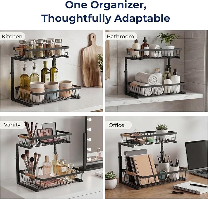 Under Sink Organizer with Motion-Activated LED Lights, 2 Pack, 2 Tier Sliding L-Shaped Carbon Steel Rack with Adjustable Height, Dividers & Hooks (Black) - Image 7