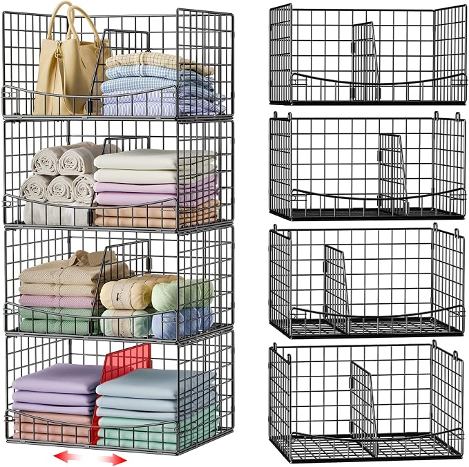 Hongtamoya 4-Tier Closet Organizers and Storage Basket with Divider, Foldable Closet Shelf Organizer System, Space-Saving Clothes Storage Drawer Organizer Bins for Wardrobe Cupboard, Black by Hongtamoya
