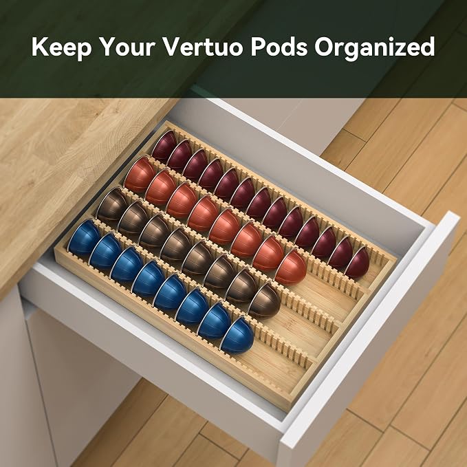 for Nespresso Vertuo Capsules Bamboo Coffee Pod Drawer Organizer | 15"Dx10"Wx1.5"H 40 Big or 52 Small Pods Holder for Counter - Image 4