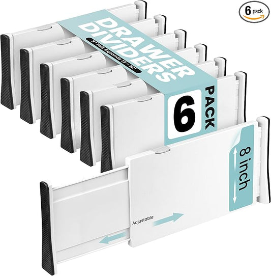 RAPTUROUS Adjustable Drawer Dividers, 8" Tall, Expandable 13.35-22", 6-Pack, Non-Slip for Deep Drawers in Kitchen, Bedroom, and Closet (White) by Rapturous